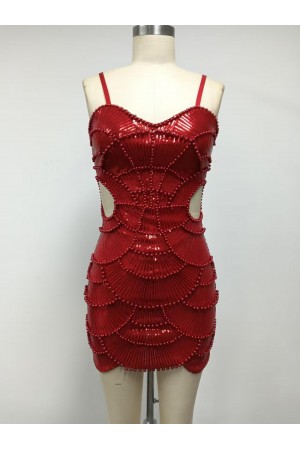 VID52369 / The Vintage Shop<br/>MESH W/ SEQUIN , BEADS WAIST CUT OUT MINI DRESS